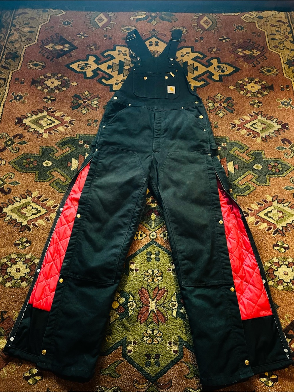 Carhartt men's Black Insulated Overalls with Red Quilted Lining